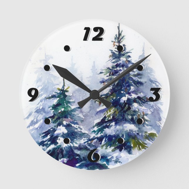 Horloge Ronde Aquarelle forêt d'hiver sapin moderne (Recto)