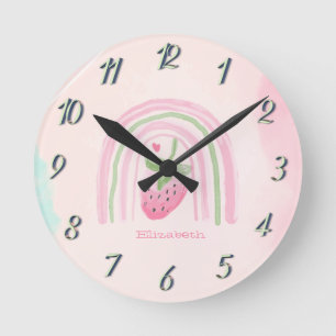 Horloge Ronde Aquarelle Fraise Arc-en-ciel