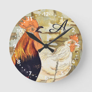 Horloge Ronde Aquarelle French Country Coloré Rooster Round C