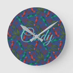 Horloge Ronde Aquarelle Hippocampe Indigo Nautical Personnalisé