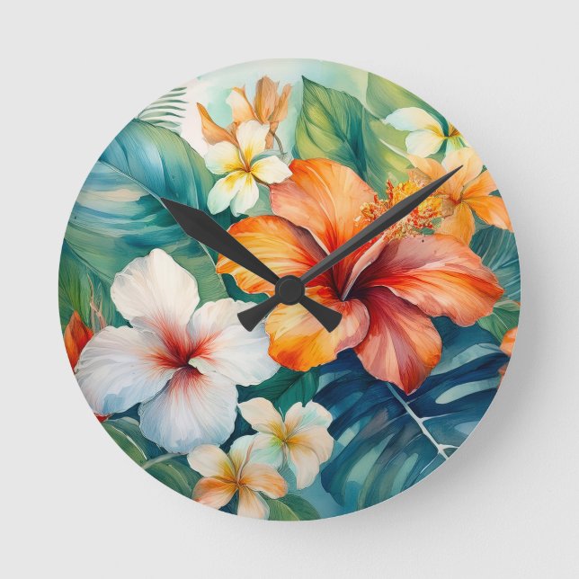 Horloge Ronde Aquarelle Jardin hawaïen Hibiscus tropical (Recto)