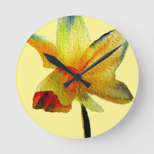 Horloge Ronde Aquarelle jonquille jaune art Fleur de printemps