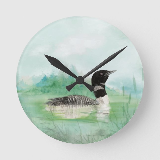 Horloge Ronde Aquarelle Loon commun Nature sauvage Oiseau Art (Recto)