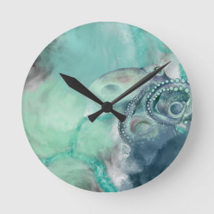 Horloge Ronde Aquarelle marine Aqua Ocean Octopus