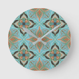 Horloge Ronde Aquarelle Marocaine Bleu Carrelage Floral