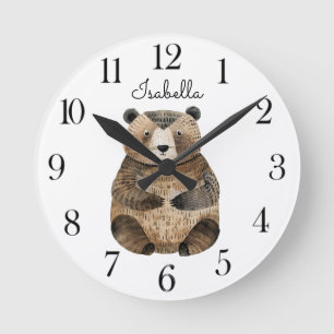 Horloge Ronde Aquarelle mignonne Ours de bois