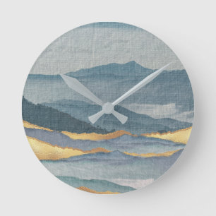 Horloge Ronde Aquarelle moderne Art Bleu et Or Vagues