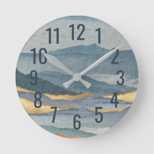 Horloge Ronde Aquarelle moderne Art Bleu et Or Vagues