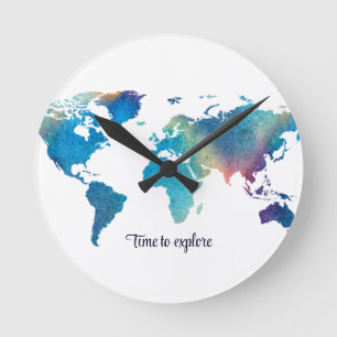 Horloge Ronde Aquarelle moderne Carte du monde bleu vert