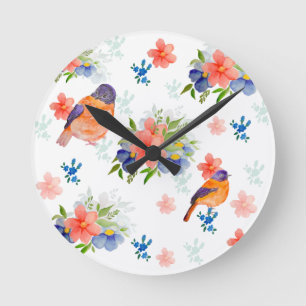 Horloge Ronde Aquarelle motif avec oiseaux et fleurs
