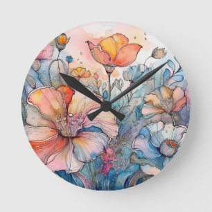 Horloge Ronde Aquarelle Motif de fleurs