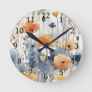 Horloge Ronde Aquarelle Orange Fleurs Blue Indigo Design 347