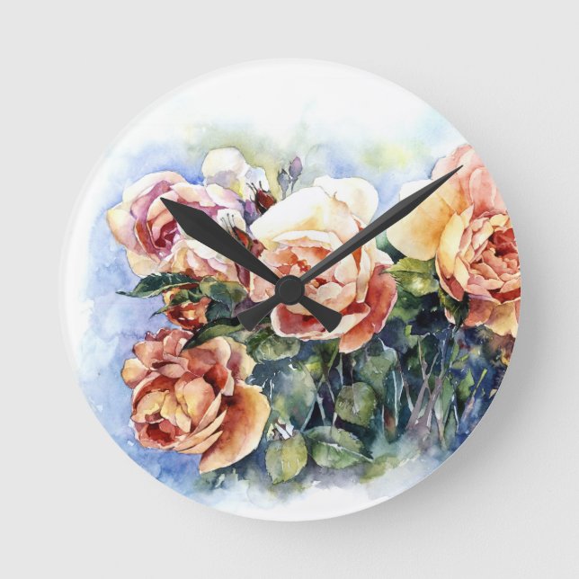 Horloge Ronde Aquarelle orange fleurs rose illustration flowe (Recto)