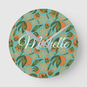 Horloge Ronde Aquarelle Orange Turquoise Botanique Personnalisée