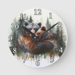Horloge Ronde Aquarelle Ours & Arbres Sauvage rustique