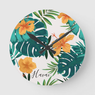 Horloge Ronde Aquarelle Palme tropicale, Hibiskus hawaïen