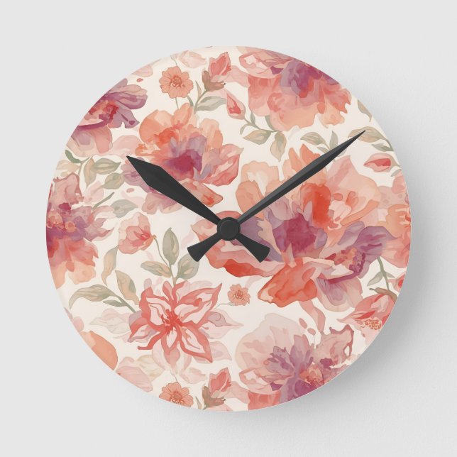 Horloge Ronde Aquarelle Pastel Fleurs clair Orange (Recto)