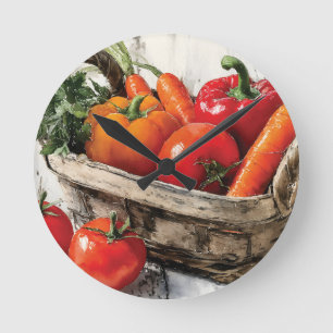 Horloge Ronde Aquarelle Peinture d'un panier végétal
