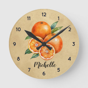 Horloge Ronde Aquarelle personnalisée vintage fruit orange