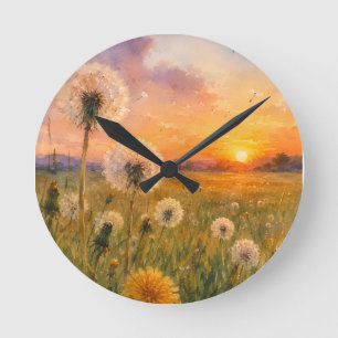 Horloge Ronde Aquarelle Pissenlits au Paysage de Prairie au Couc