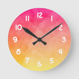 Horloge Ronde Aquarelle rose à jaune
