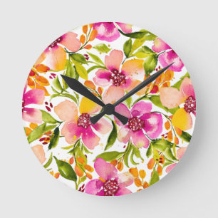 Horloge Ronde Aquarelle rose et jaune de Serena Floral