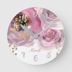 Horloge Ronde Aquarelle rose florale & or moderne