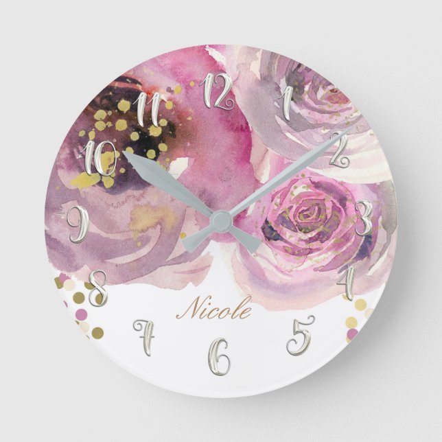 Horloge Ronde Aquarelle rose florale & or moderne (Recto)