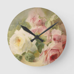 Horloge Ronde Aquarelle Rose victorienne vintage