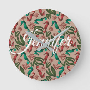 Horloge Ronde Aquarelle Seahorse Rose Nautique Personnalisé