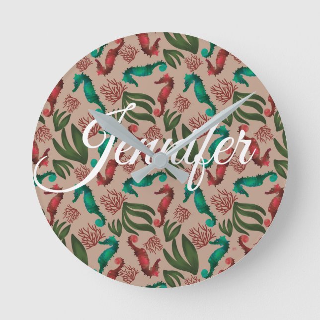 Horloge Ronde Aquarelle Seahorse Rose Nautique Personnalisé (Recto)