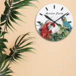 Horloge Ronde Aquarelle Tropical Parrot Macaw<br><div class="desc">Cette conception a été créée par art numérique. Elle peut être personnalisée dans la zone fournir ou customiser en choisissant le clic pour customiser une autre option et en changeant le nom, les initiales ou les mots. Vous pouvez également modifier la couleur et le style du texte ou supprimer le...</div>