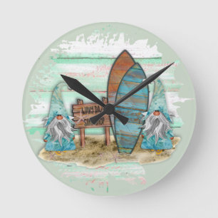 Horloge Ronde Aquarelle Tropical Surfing Beach Gnomes