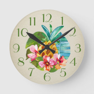 Horloge Ronde Aquarelle tropicale de Stilllife d'ananas
