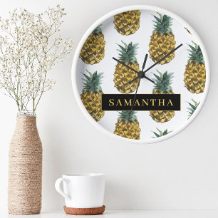 Horloge Ronde Aquarelle tropicale Motif ananas avec nom