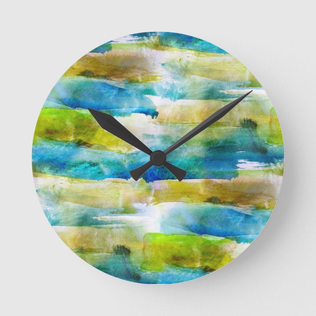 Horloge Ronde Aquarelle vert abstrait, bleu (Recto)