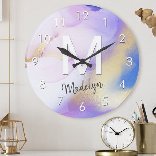 Horloge Ronde Aquarelle violet Abstrait Girly Luxury Monogramme