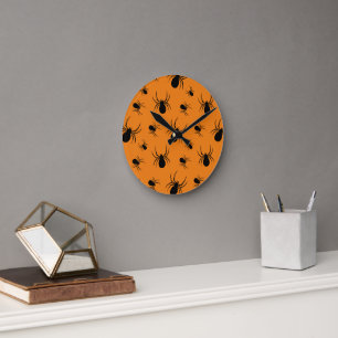 Horloge Ronde Araignées motif Halloween Noir et Orange
