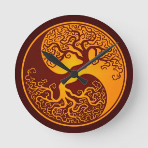 Horloge Ronde Arbre de la vie rouge d'or Yin Yang
