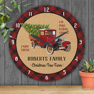 Horloge Ronde Arbre de Noël Camion Vintage Roue Plaid Russe