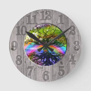 Horloge Ronde Arbre de vie avec arc-en-ciel et cadre en bois