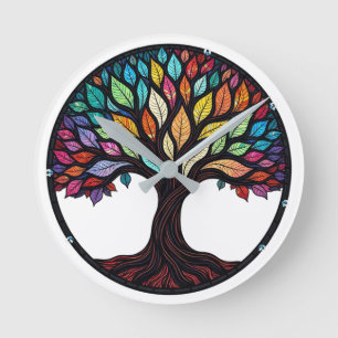 Horloge Ronde Arbre de Vie en Verre Coloré