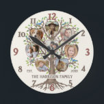 Horloge Ronde Arbre généalogique Collage de photos 8 Photos Nom<br><div class="desc">Ce magnifique modèle d'"arbre généalogique" personnalisé comprend une illustration originale d'un arbre ainsi que 8 photos de votre famille en forme de pommes. L'illustration dessinée à la main représente un arbre avec ses racines sur un fond beige clair et chaud. L'arbre a des feuilles colorées et de petits oiseaux bleus...</div>