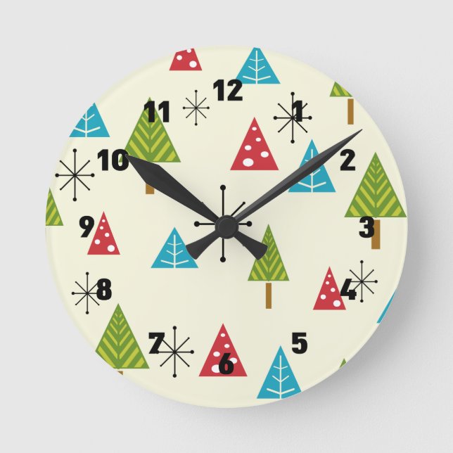 Horloge Ronde Arbres de Noël modernes du milieu du siècle (Recto)