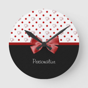Horloge Ronde Arc rouge et noir Girly de coeurs de point de