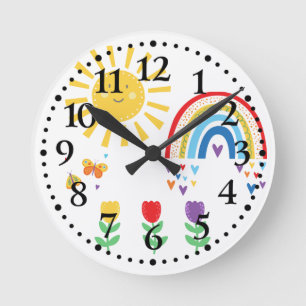 Horloge Ronde Arcs-en-ciel, Soleil, Papillons, Tulipes Enfants