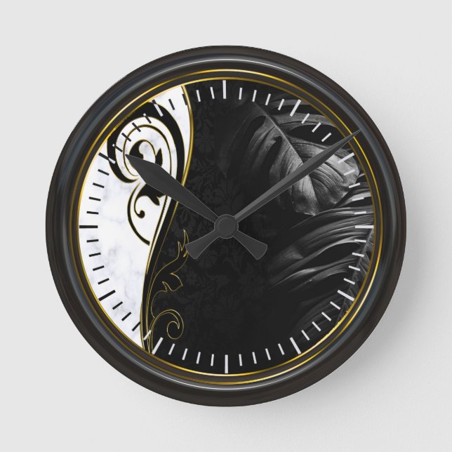 Horloge Ronde Ardemment noir encadré, Marbre blanc, graphique (Recto)