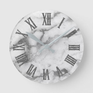 Horloge Ronde Argent Blanc Gris Carrare Marbre Pierre de Carrare