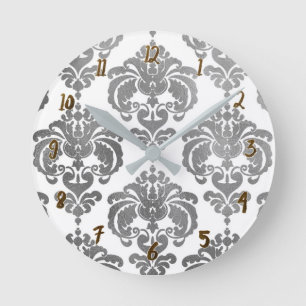 Horloge Ronde Argent et blanc damassé Glam moderne personnalisé