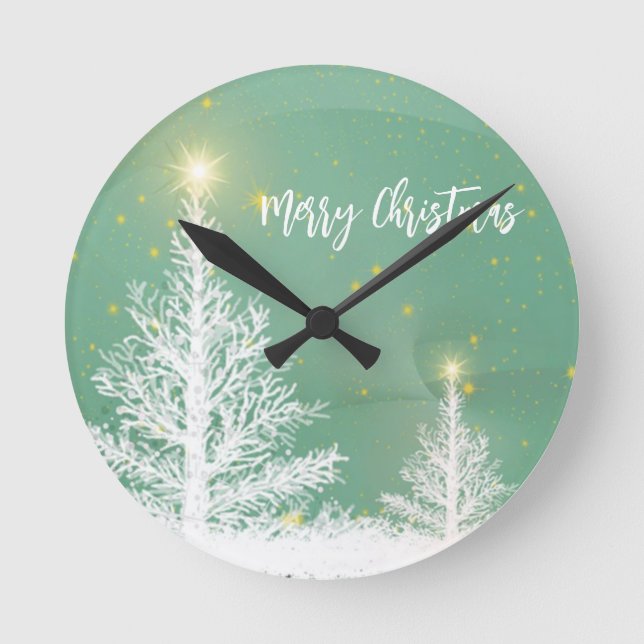 Horloge Ronde Arrière - plan bleu brillant avec sapin de Noël (Recto)